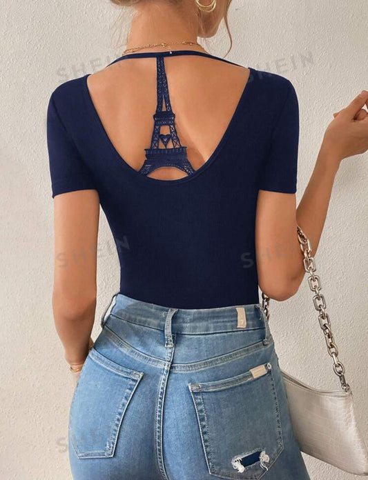 SHEIN Essnce Camiseta de punto sin espalda con estampado de la Torre Eiffel de París de verano