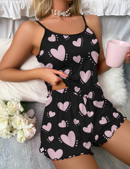 Conjunto de pijama de verano con top de tirantes y pantalones cortos con estampado de corazones