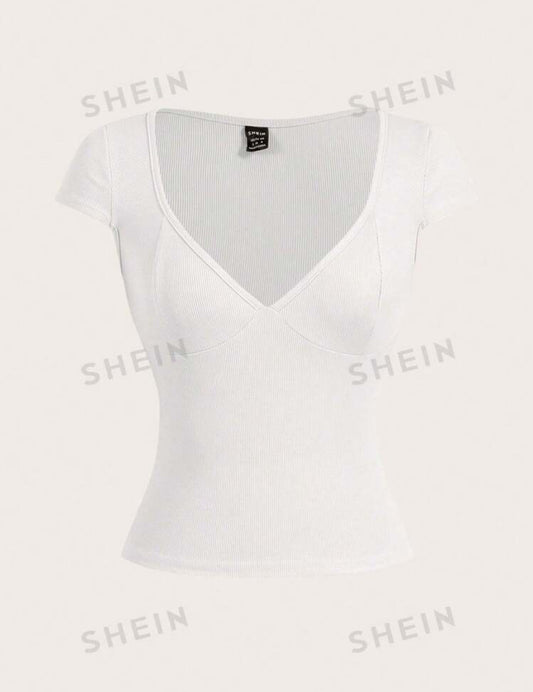 SHEIN Slayr Camiseta blanca casual de cuello cuadrado acanalada rosa para mujeres