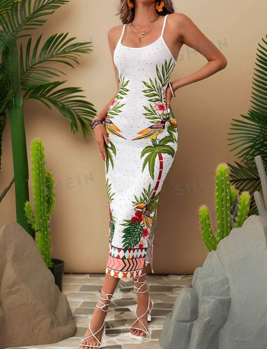 Travachic Vestido de punto con estampado, con tirantes, ajustado al Body, para vacaciones de mujer