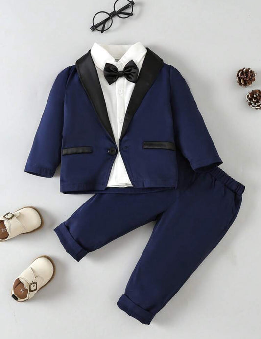 SHEIN Conjunto de 2 piezas de niño pequeño con chaqueta de cuello de chal de manga larga y pantalones, elegante y de moda para fiesta de cumpleaños, fiesta de noche, boda, bautizo, 1er cumpleaños