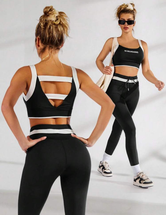 SHEIN VARSITIE Conjunto de top de tirantes y mallas para deportes, verano y yoga con medias altas hasta el muslo básicas