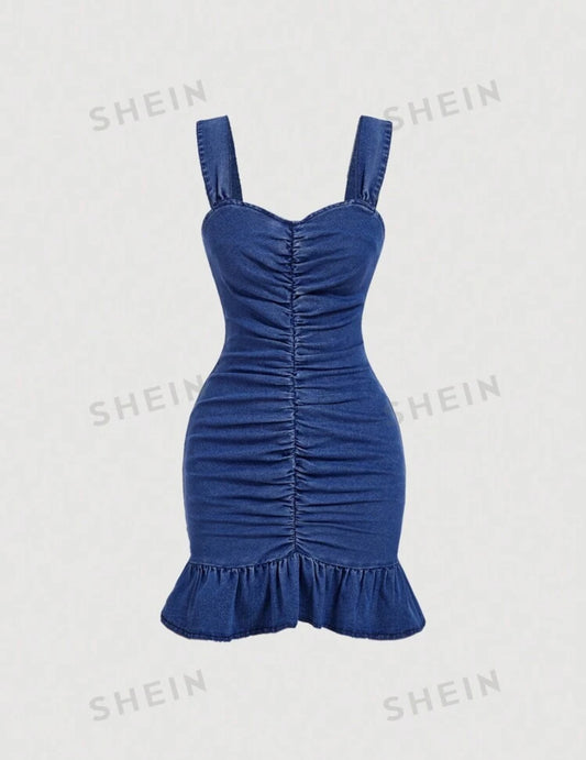 SHEIN MOD Vestido de mezclilla ajustado al Body para mujer con dobladillo con volantes para el verano