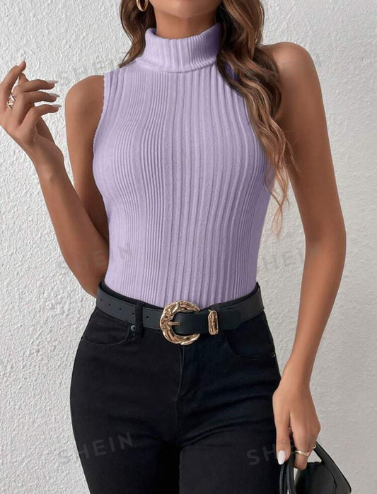 SHEIN Essnce Camiseta de cuello alto sin mangas de unicolor, minimalista, para uso casual diario