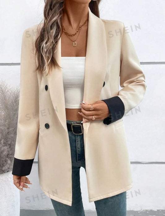 SHEIN Raffinéa Chaqueta de blazer de doble botonadura sobrecampana de color contrastante retazos para mujer primavera otoño