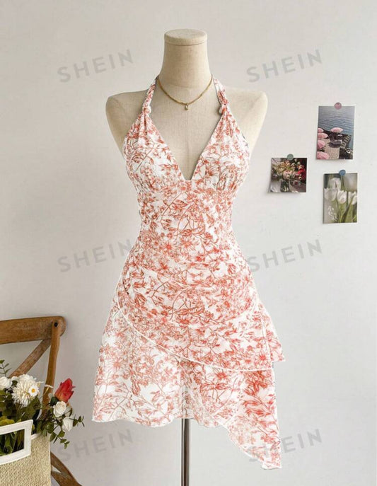 SHEIN WYWH Vestido vintage para mujer con estampado floral de línea, cuello en V profundo, halter con volantes de malla, para vacaciones románticas